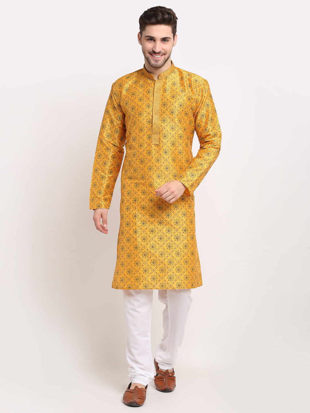 Jompers Men's Beautiful Mustard Woven Kurta Only