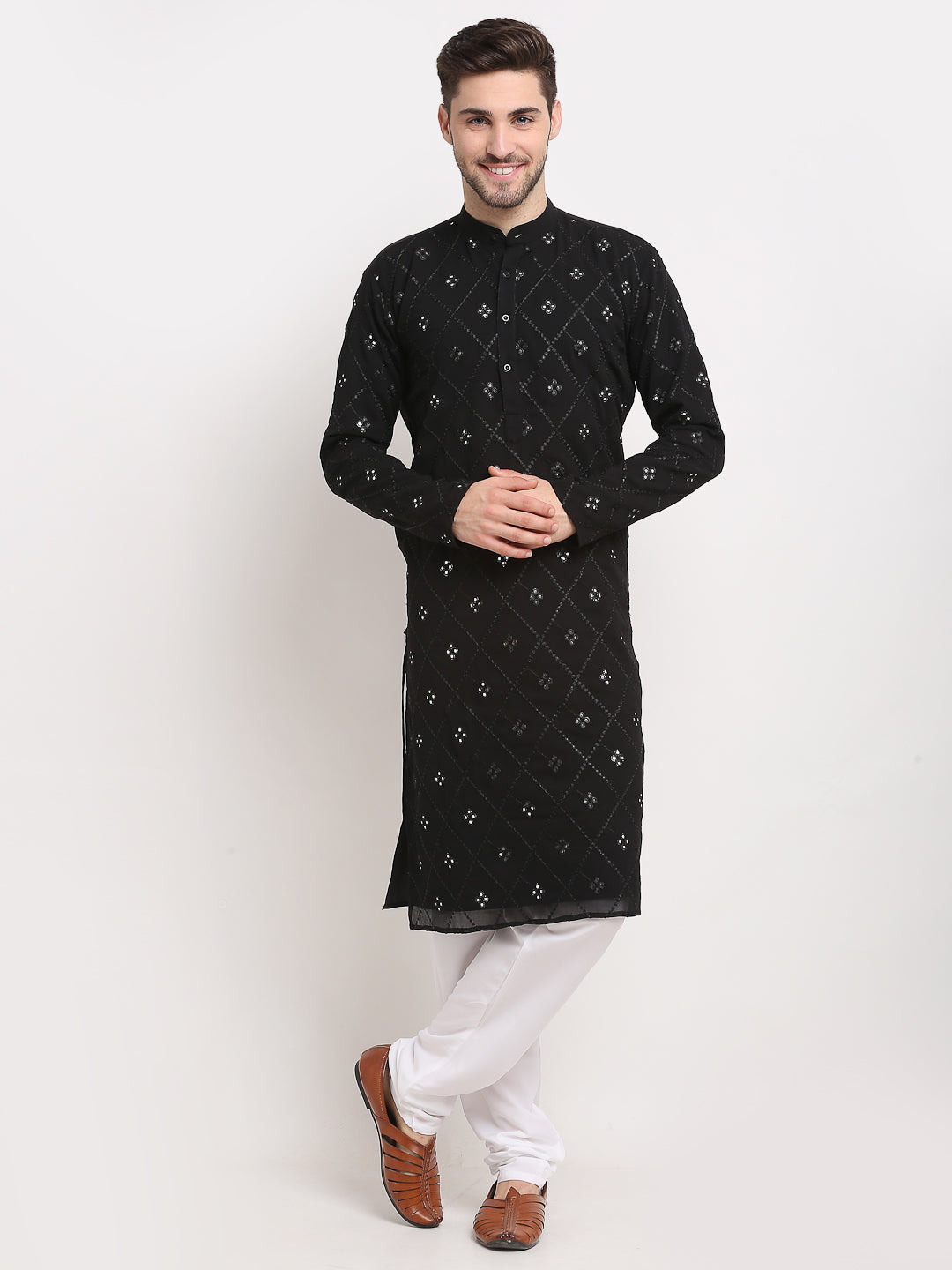 Jompers Men's Black Printed Mirror Kurta Payjama Sets