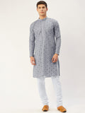 Jompers Men's Grey Embroidered Mirror Work Kurta Pyjama