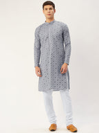 Jompers Men's Grey Embroidered Mirror Work Kurta Pyjama