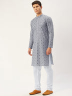 Jompers Men's Grey Embroidered Mirror Work Kurta Pyjama