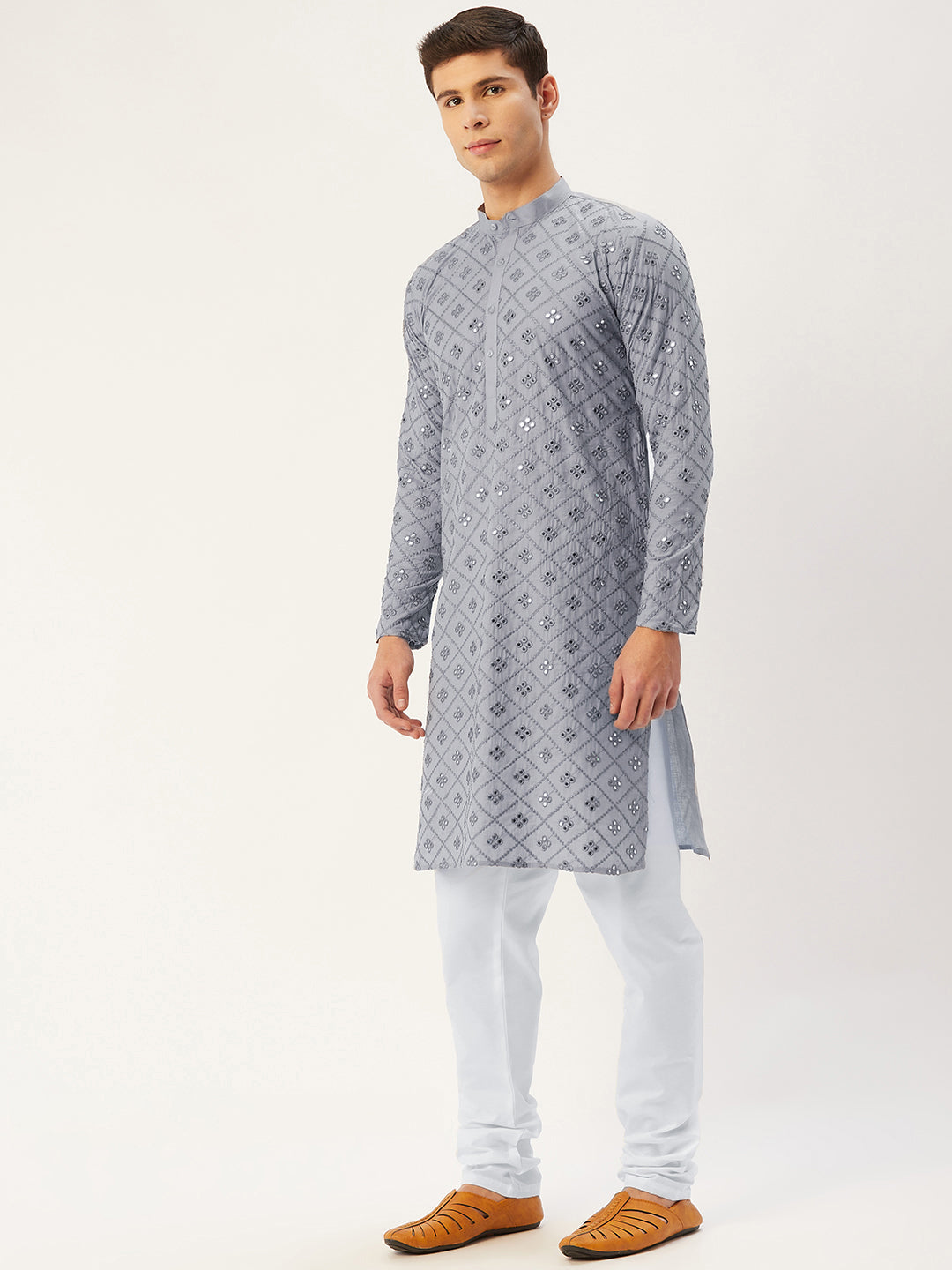 Jompers Men's Grey Embroidered Mirror Work Kurta Pyjama