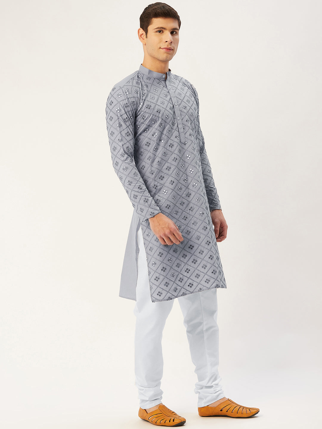 Jompers Men's Grey Embroidered Mirror Work Kurta Pyjama