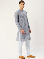 Jompers Men's Grey Embroidered Mirror Work Kurta Only