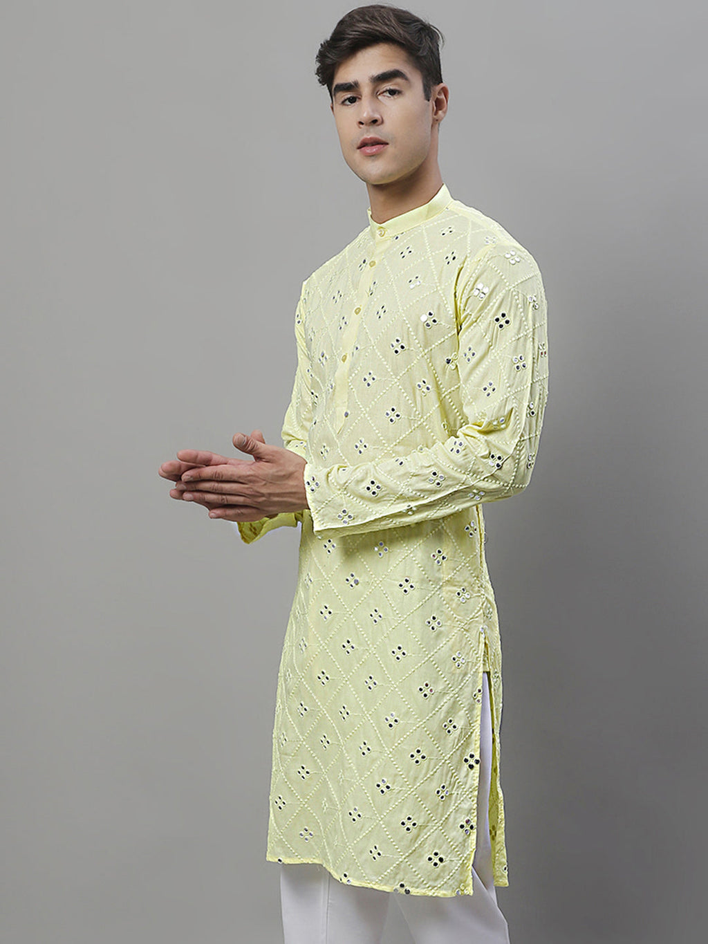 Jompers Men's Embroidered Mirror Work Kurta - Lemon