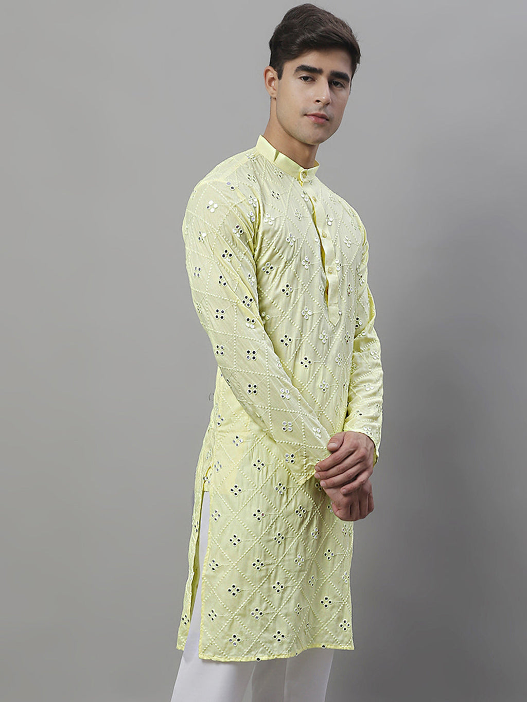 Jompers Men's Embroidered Mirror Work Kurta - Lemon