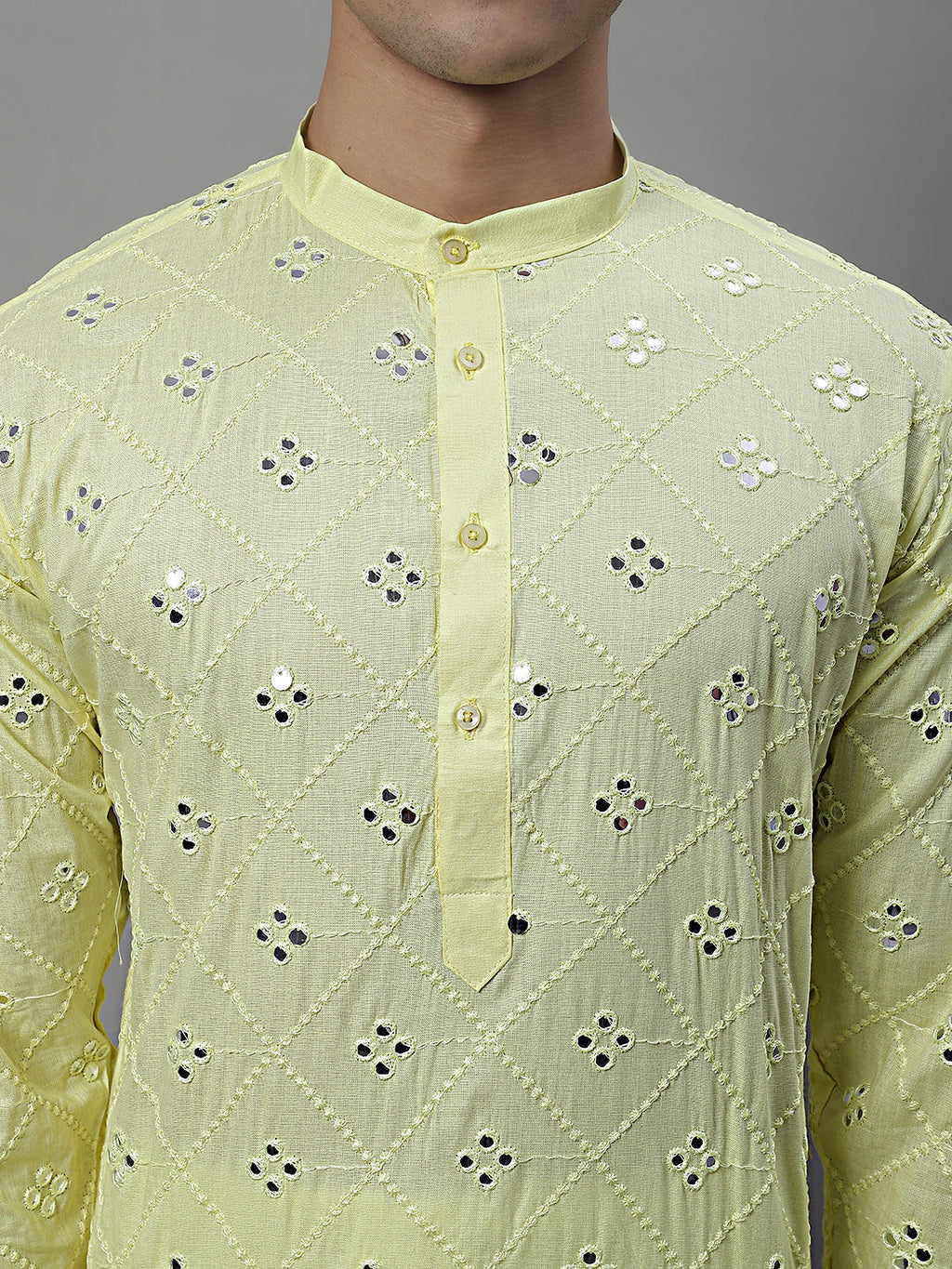 Jompers Men's Embroidered Mirror Work Kurta - Lemon