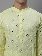 Jompers Men's Embroidered Mirror Work Kurta - Lemon