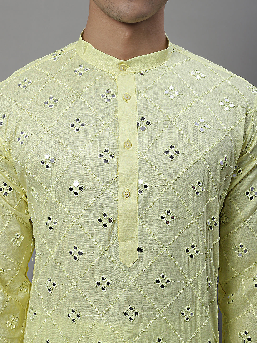 Jompers Men's Embroidered Mirror Work Kurta - Lemon
