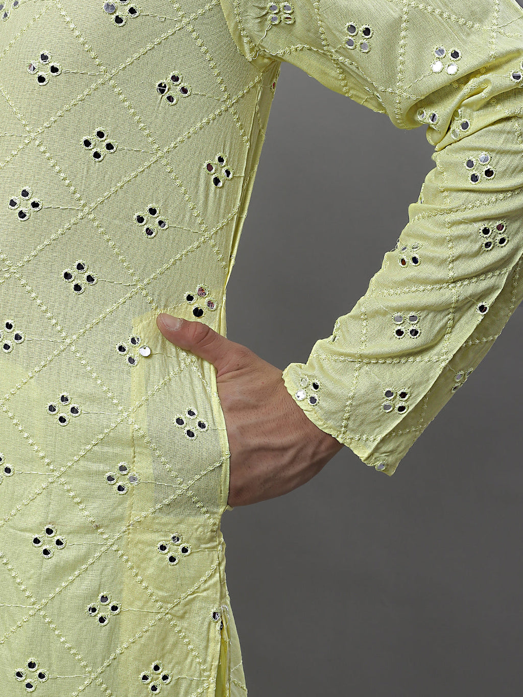 Jompers Men's Embroidered Mirror Work Kurta - Lemon