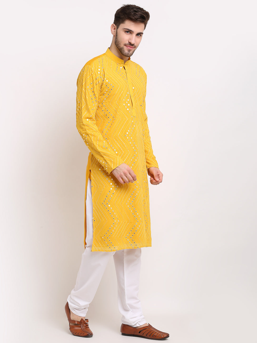 Jompers Men's Mustard Printed Mirror Kurta Only