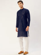 Jompers Men's Navy Embroidered Mirror Work Kurta Pyjama