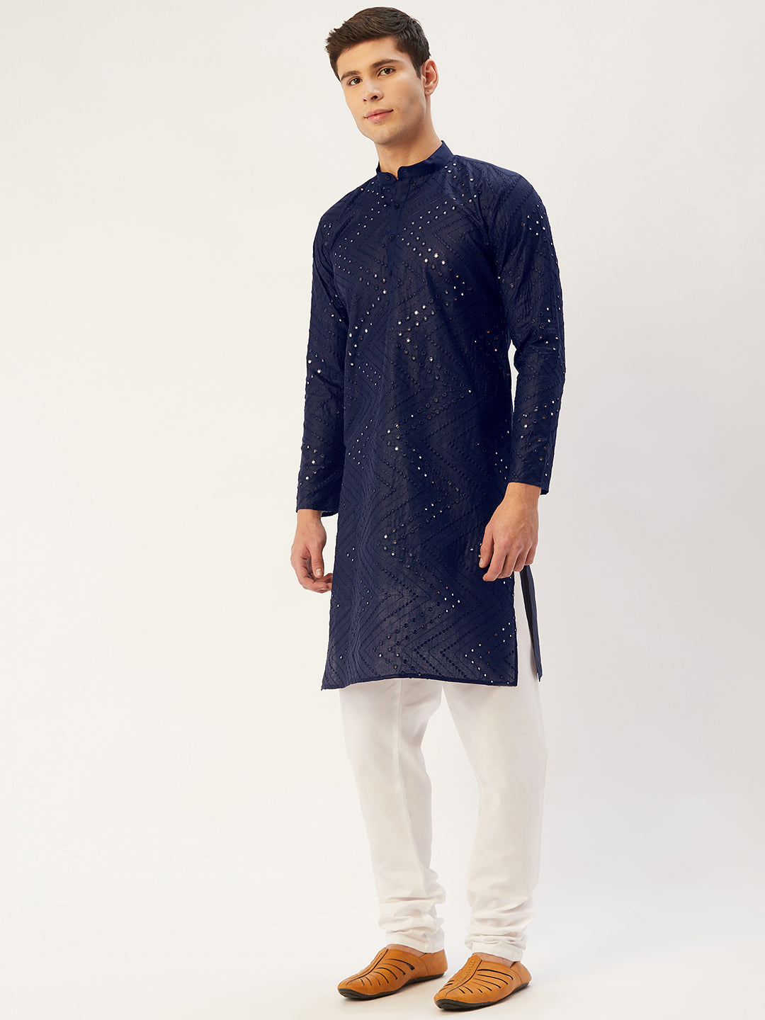 Jompers Men's Navy Embroidered Mirror Work Kurta Pyjama