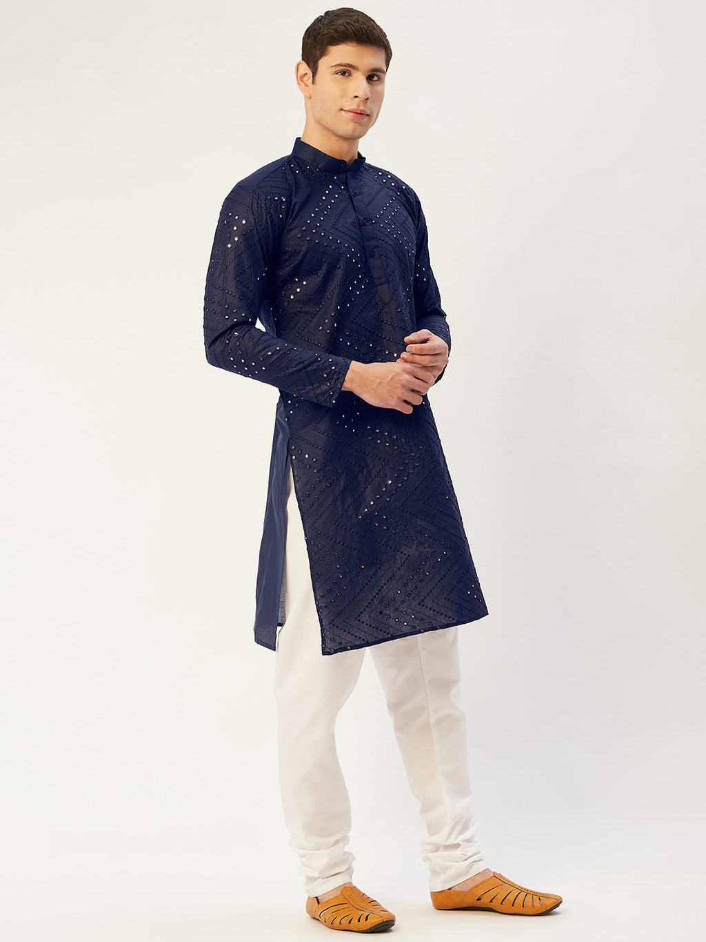 Jompers Men's Navy Embroidered Mirror Work Kurta Pyjama