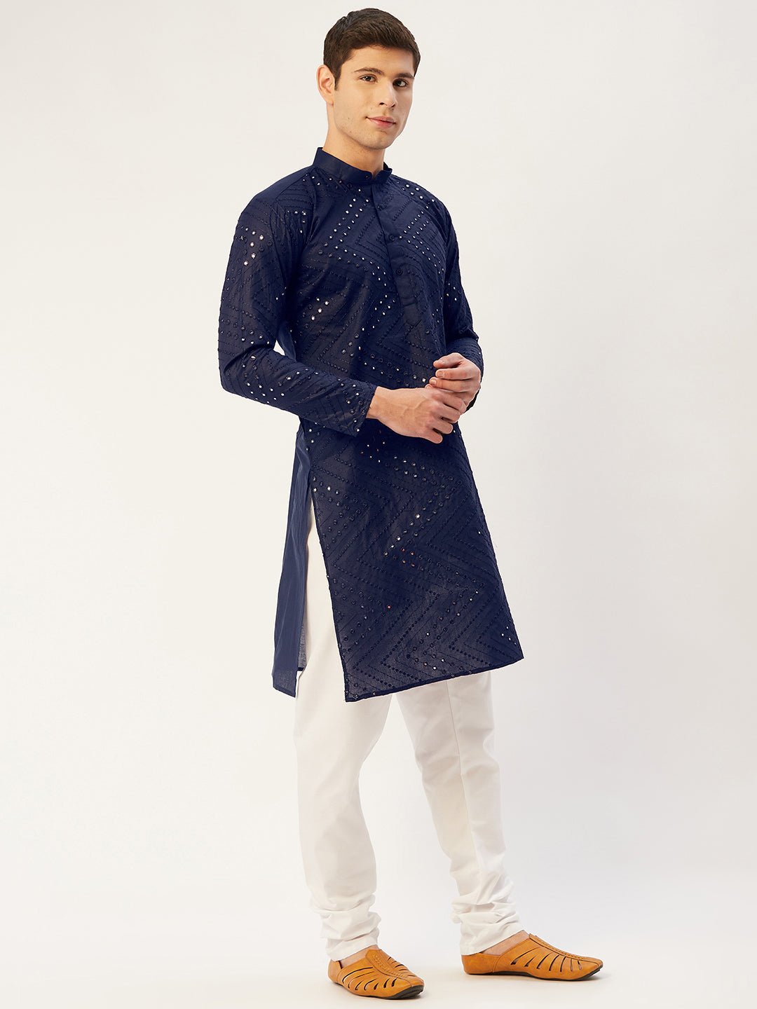 Jompers Men's Navy Embroidered Mirror Work Kurta Only