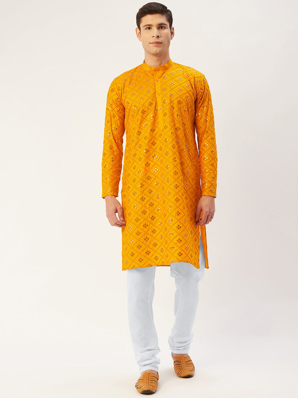 Jompers Men's Yellow Embroidered Mirror Work Kurta Pyjama