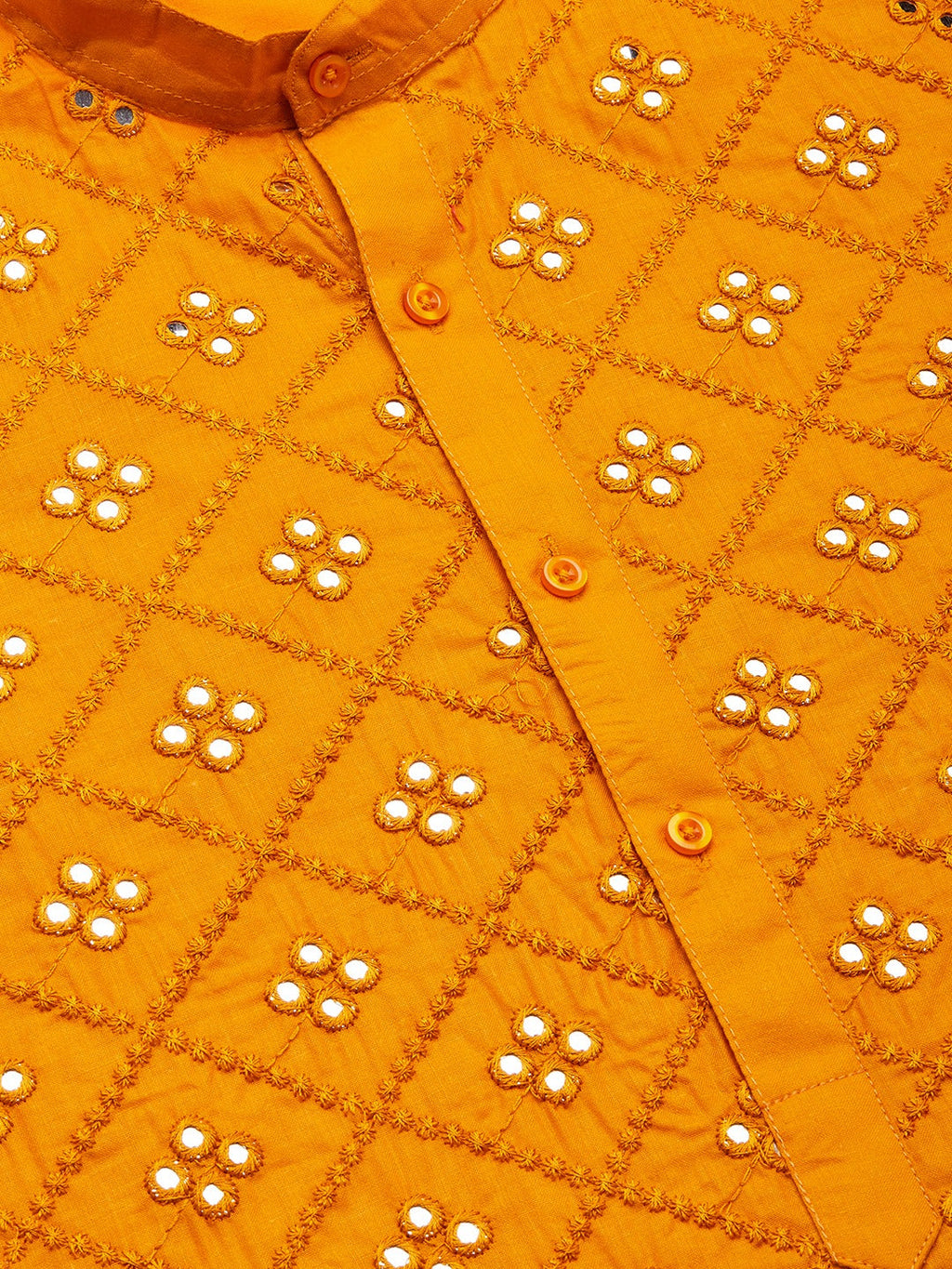 Jompers Men's Yellow Embroidered Mirror Work Kurta Only