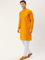 Jompers Men's Yellow Embroidered Mirror Work Kurta Only