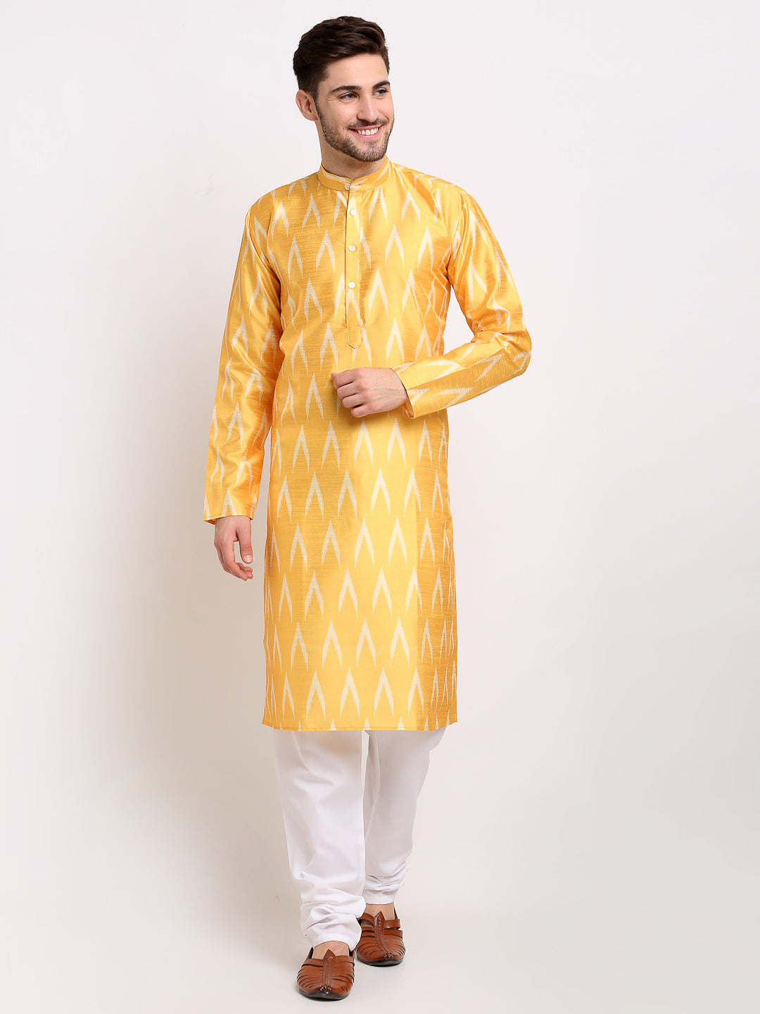 Jompers Men's Mustard Dupion Ikkat Kurta Payjama Sets