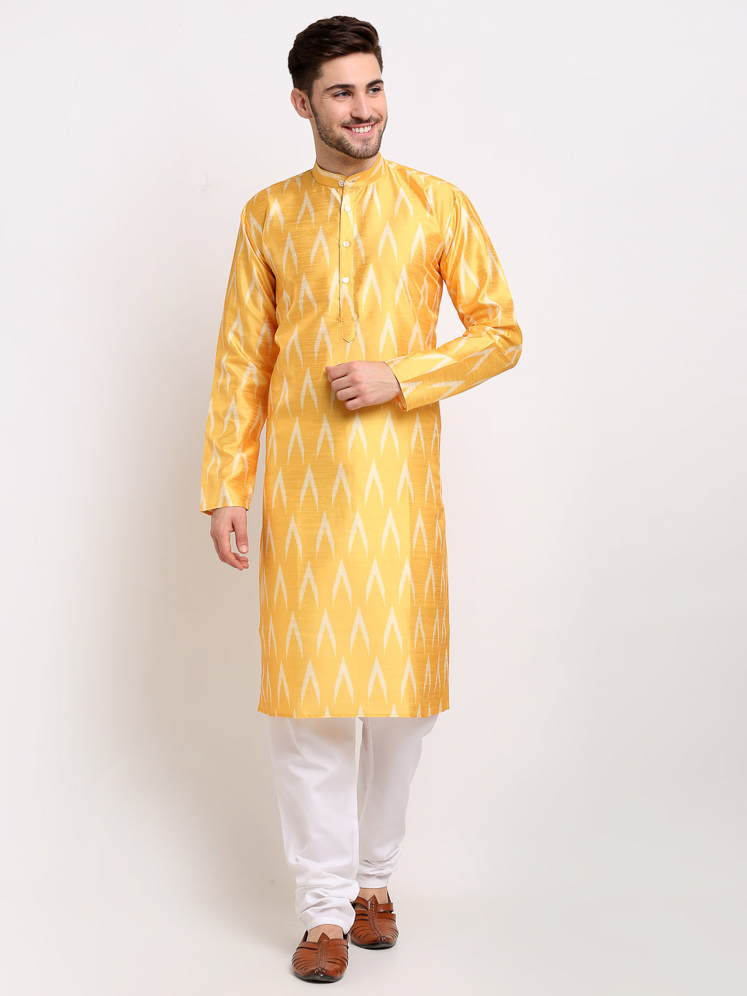 Jompers Men's Mustard Dupion Ikkat Kurta Only