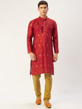 Jompers Men's Maroon Coller Embroidered Woven Design Kurta Pyjama