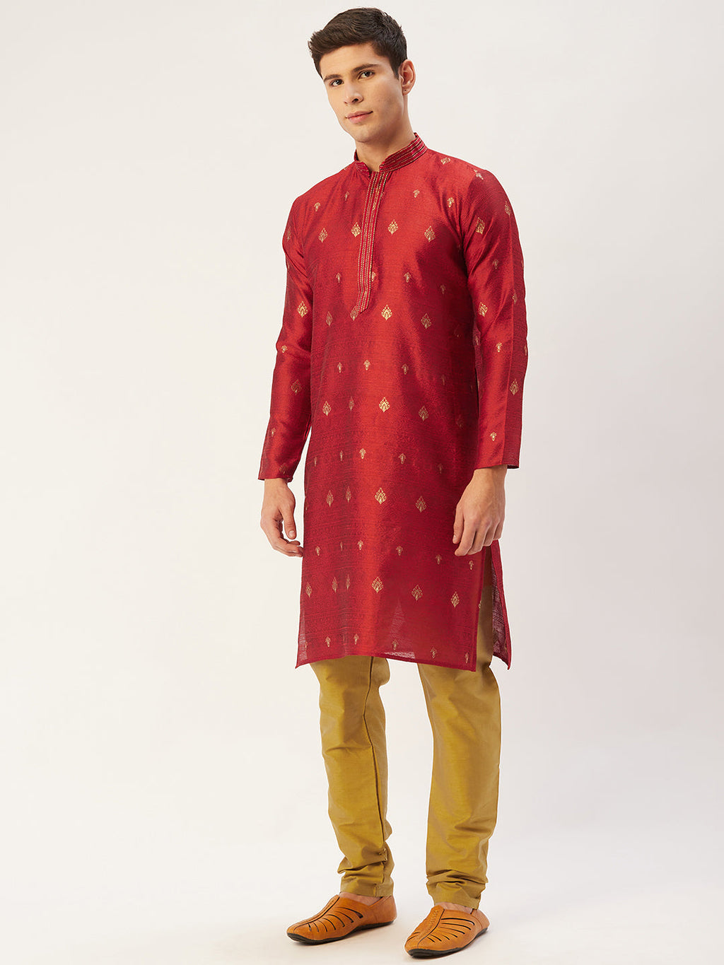 Jompers Men's Maroon Coller Embroidered Woven Design Kurta Pyjama