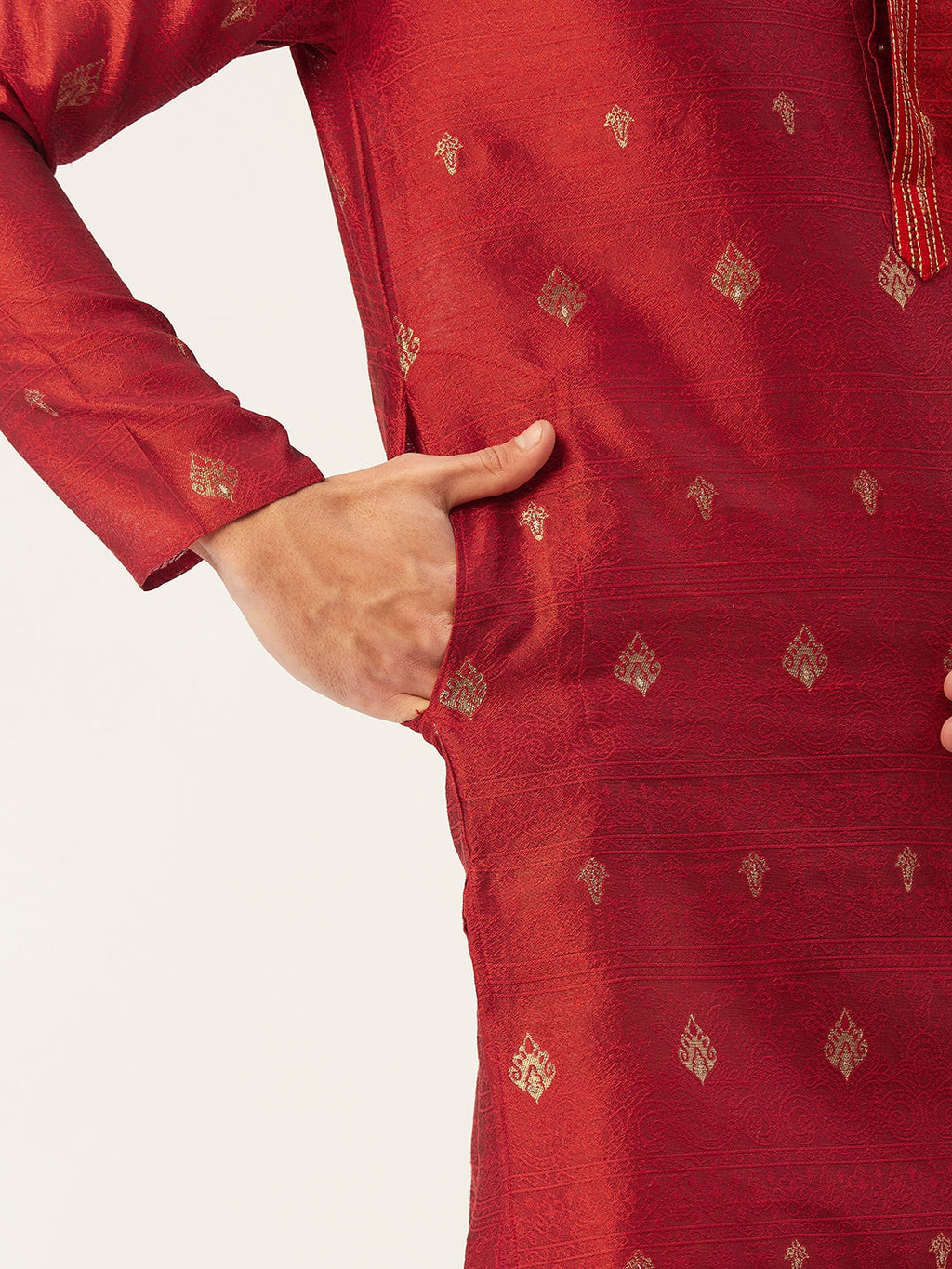 Jompers Men's Maroon Coller Embroidered Woven Design Kurta Pyjama