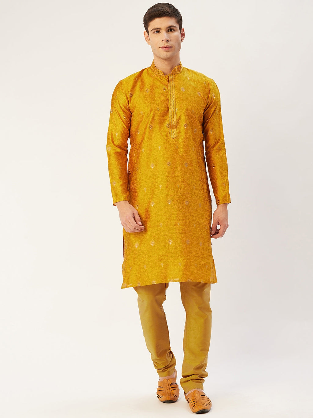 Jompers Men's Mustard Coller Embroidered Woven Design Kurta Pyjama