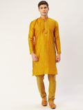 Jompers Men's Mustard Coller Embroidered Woven Design Kurta Pyjama