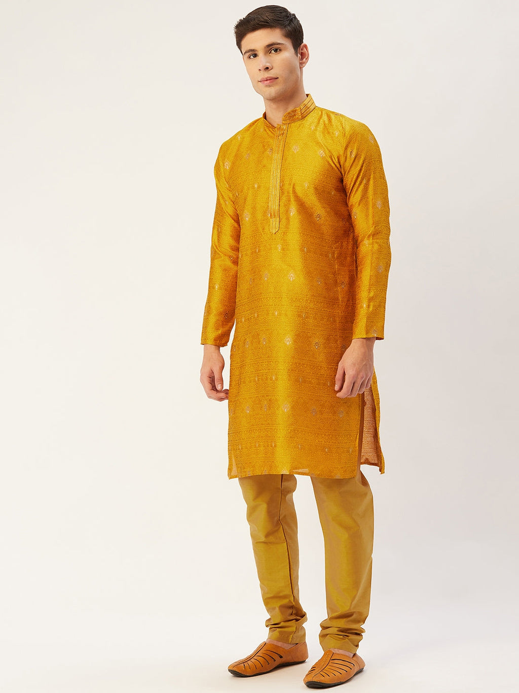 Jompers Men's Mustard Coller Embroidered Woven Design Kurta Pyjama