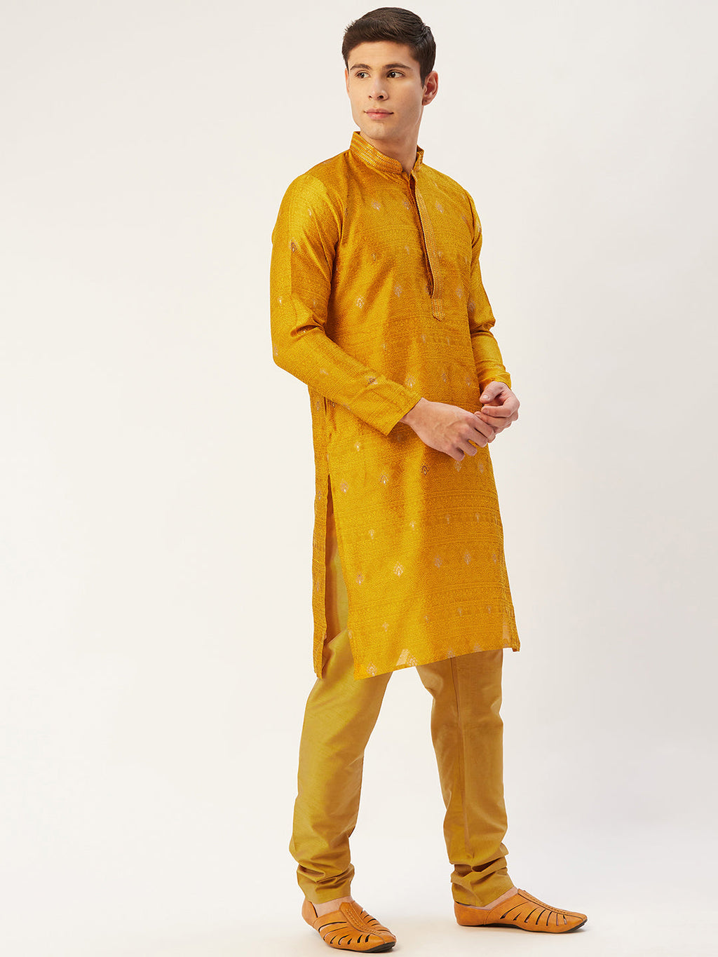 Jompers Men's Mustard Coller Embroidered Woven Design Kurta Pyjama