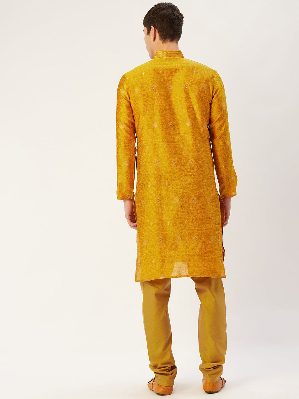 Jompers Men's Mustard Coller Embroidered Woven Design Kurta Pyjama