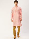 Jompers Men's Pink Coller Embroidered Woven Design Kurta Pyjama