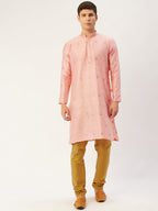 Jompers Men's Pink Coller Embroidered Woven Design Kurta Pyjama