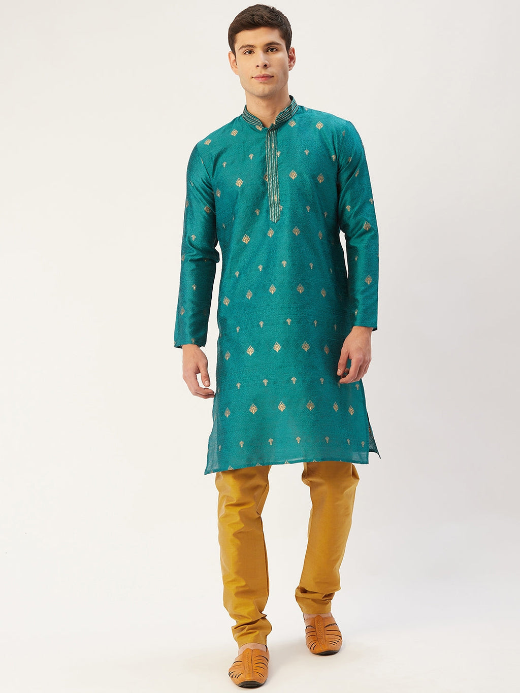 Jompers Men's Teal Coller Embroidered Woven Design Kurta Pyjama
