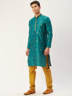 Jompers Men's Teal Coller Embroidered Woven Design Kurta Pyjama