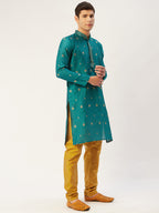 Jompers Men's Teal Coller Embroidered Woven Design Kurta Pyjama