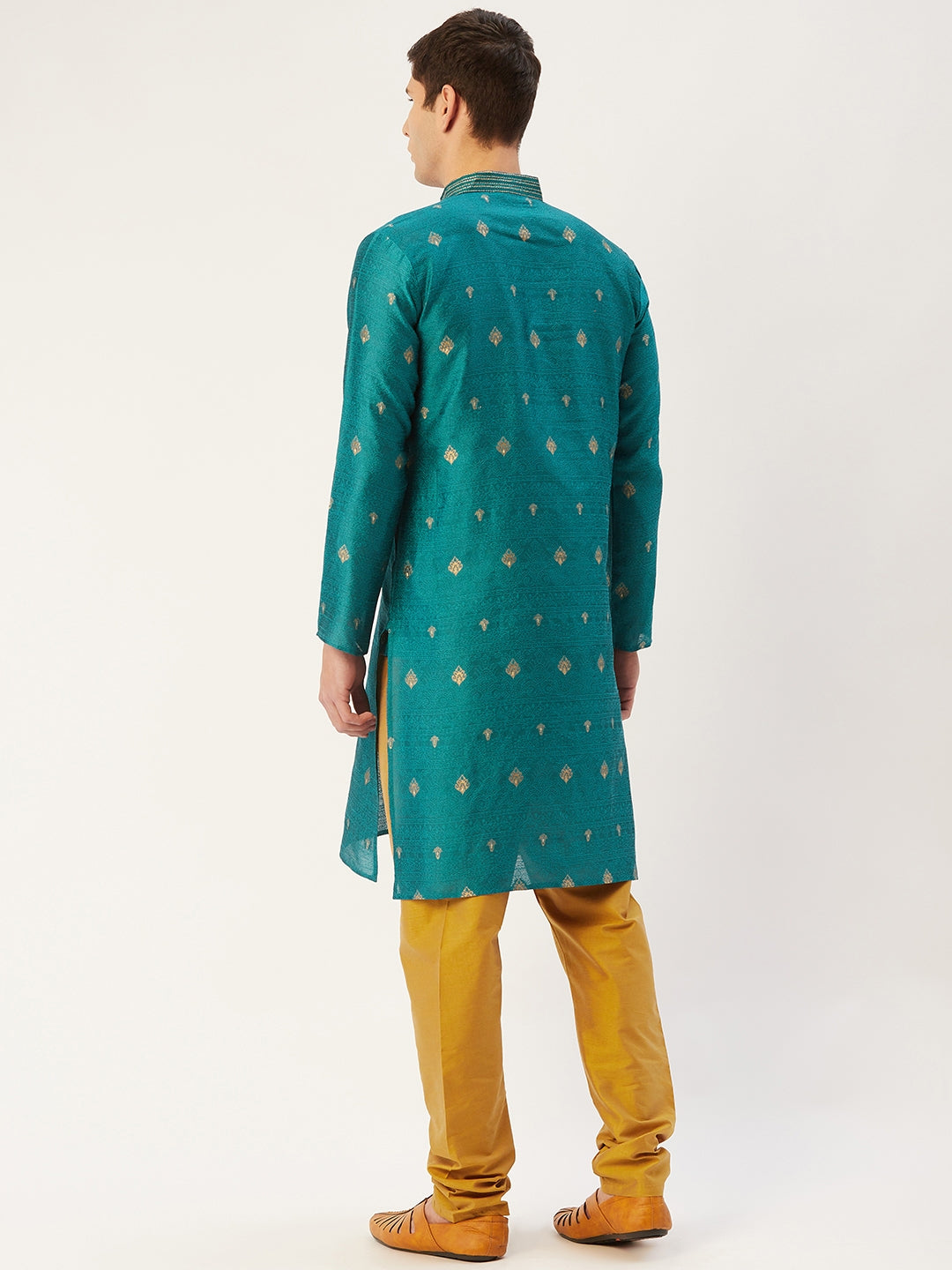 Jompers Men's Teal Coller Embroidered Woven Design Kurta Pyjama
