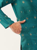Jompers Men's Teal Coller Embroidered Woven Design Kurta Pyjama