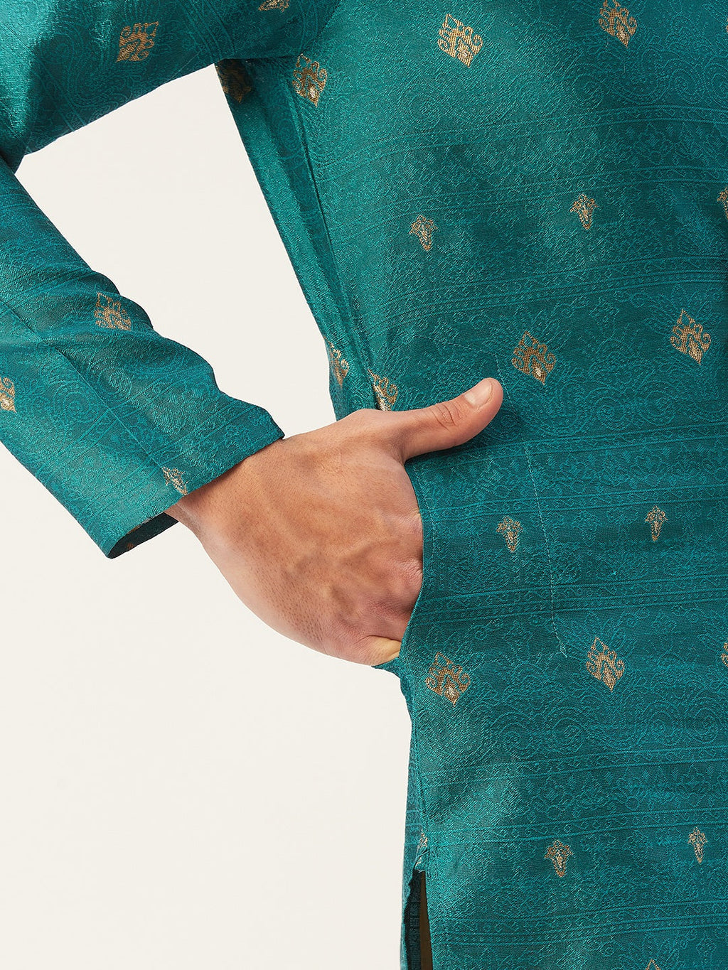 Jompers Men's Teal Coller Embroidered Woven Design Kurta Only