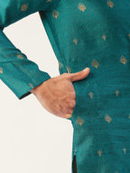 Jompers Men's Teal Coller Embroidered Woven Design Kurta Only