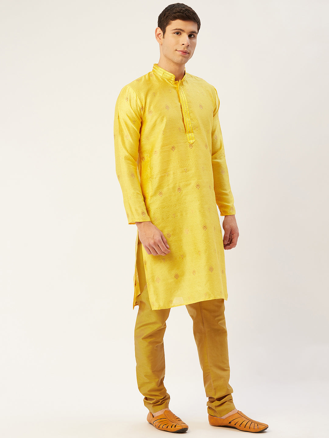 Jompers Men's Yellow Coller Embroidered Woven Design Kurta Pyjama