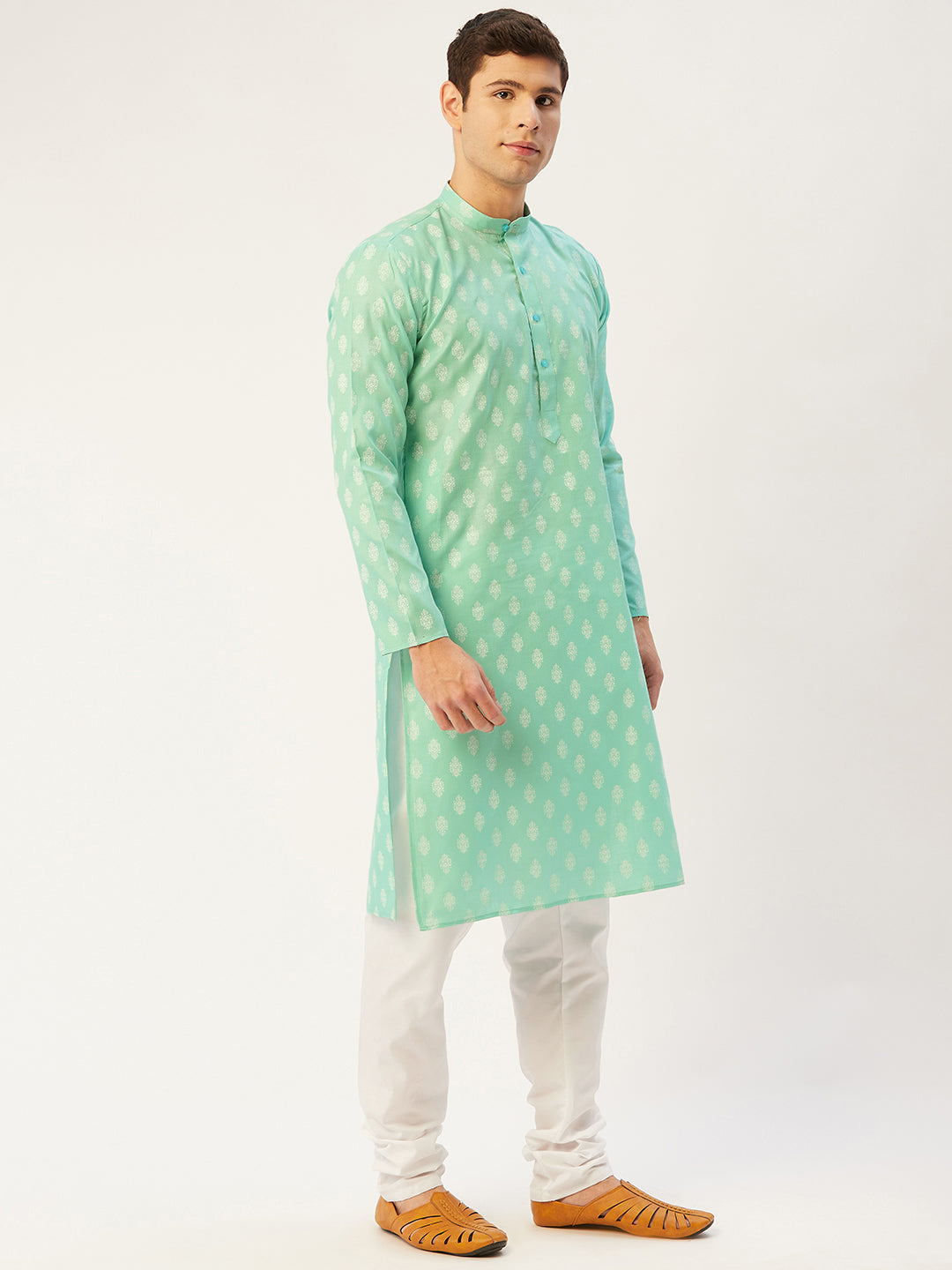 Jompers Men's Green Cotton Floral printed kurta Only
