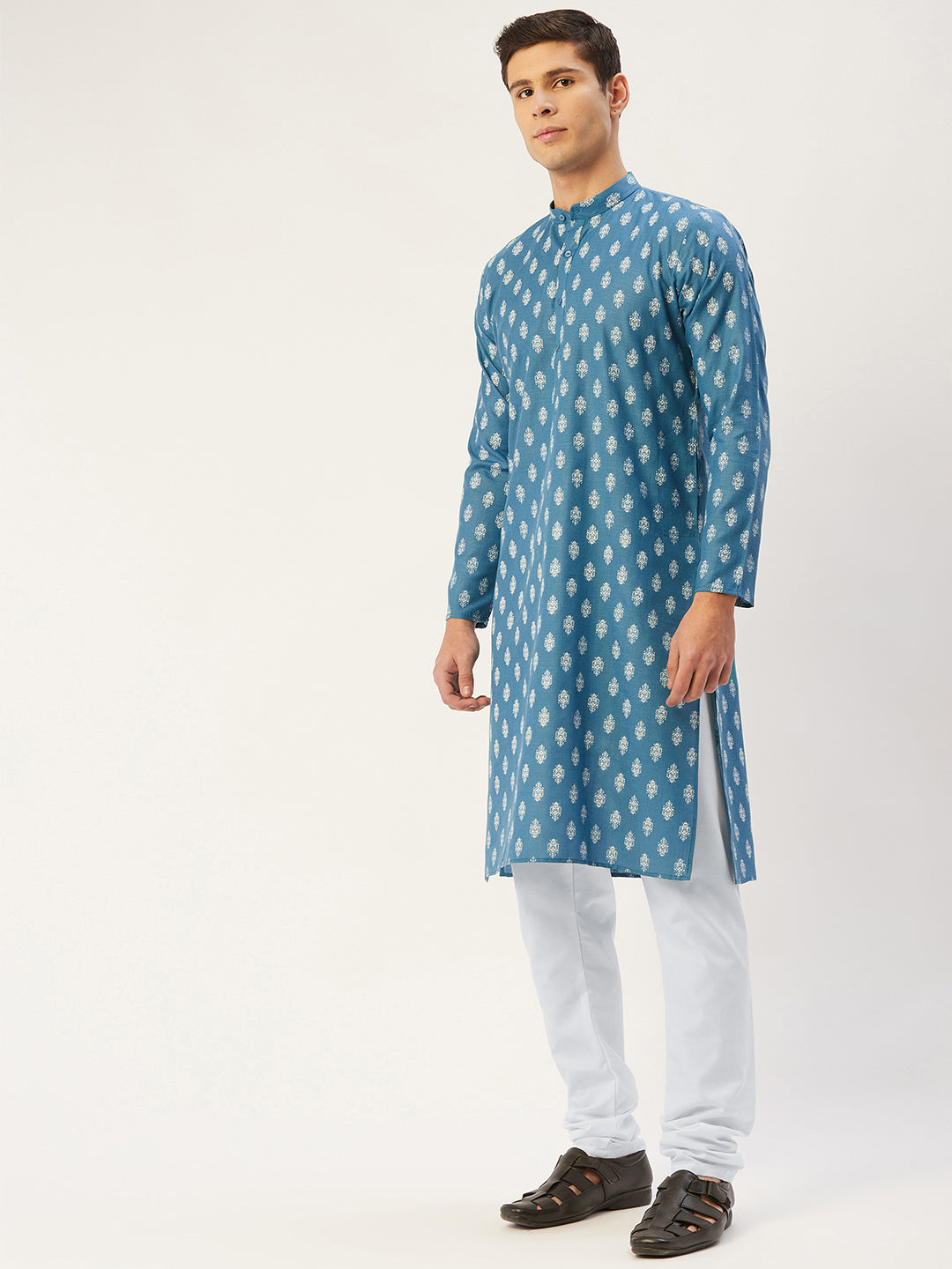 Jompers Men's Teal Cotton Floral printed kurta Pyjama Set