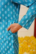 Jompers Men's Teal Cotton Floral printed kurta Only - Distacart