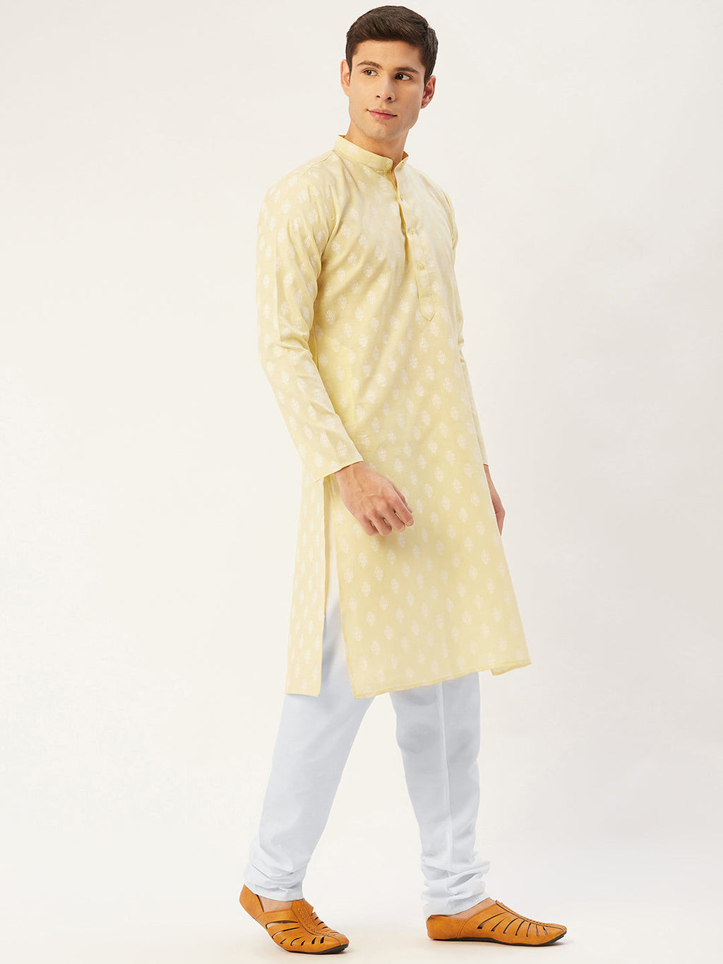 Jompers Men's Yellow Cotton Floral printed kurta Only