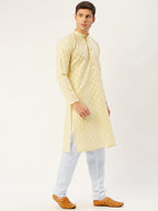 Jompers Men's Yellow Cotton Floral printed kurta Only