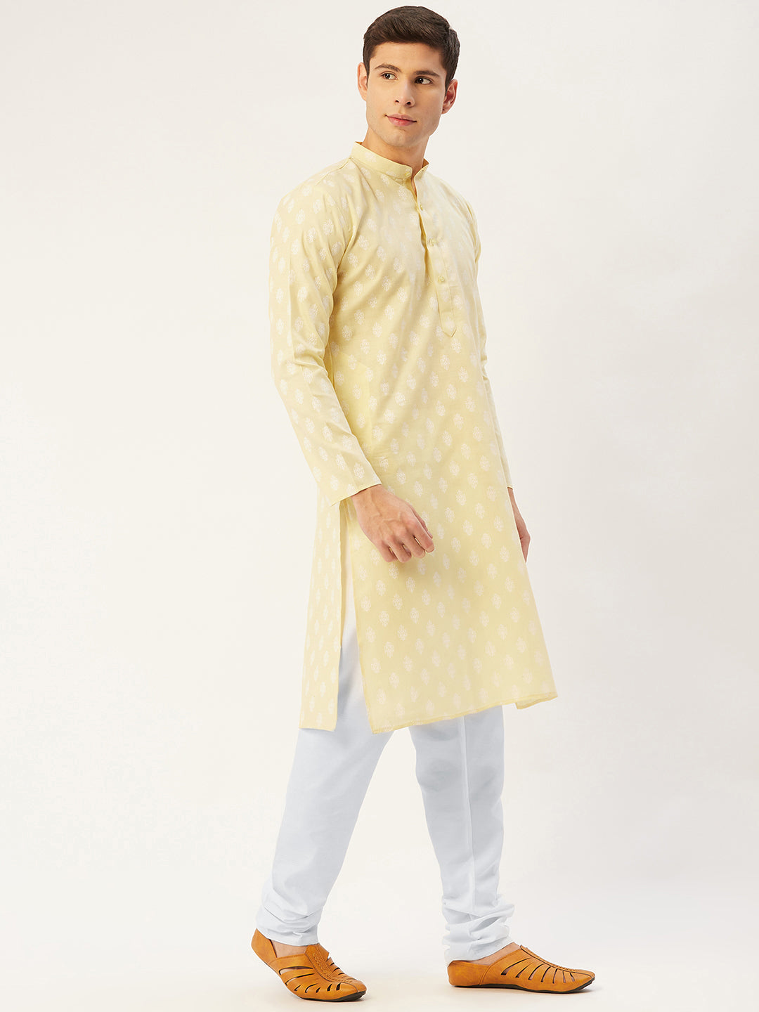 Jompers Men's Yellow Cotton Floral printed kurta Only