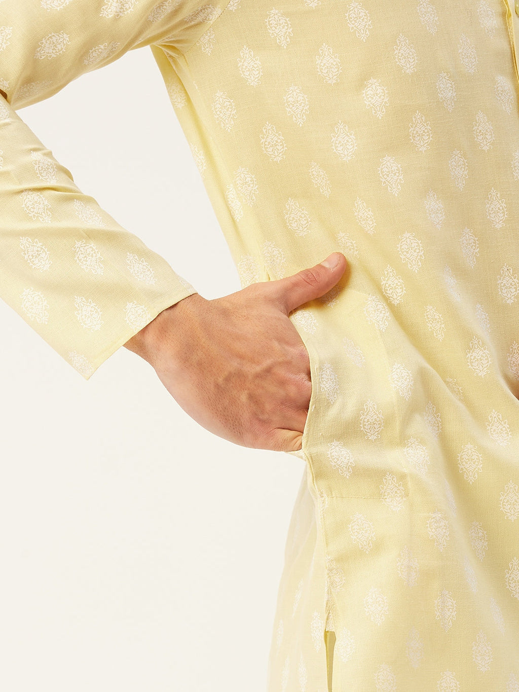 Jompers Men's Yellow Cotton Floral printed kurta Only