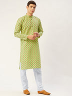 Jompers Men's Green Cotton Ikat printed kurta Only